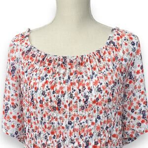est 1946 White Smocked Top with Orange & Navy Floral Print Size 22/24W